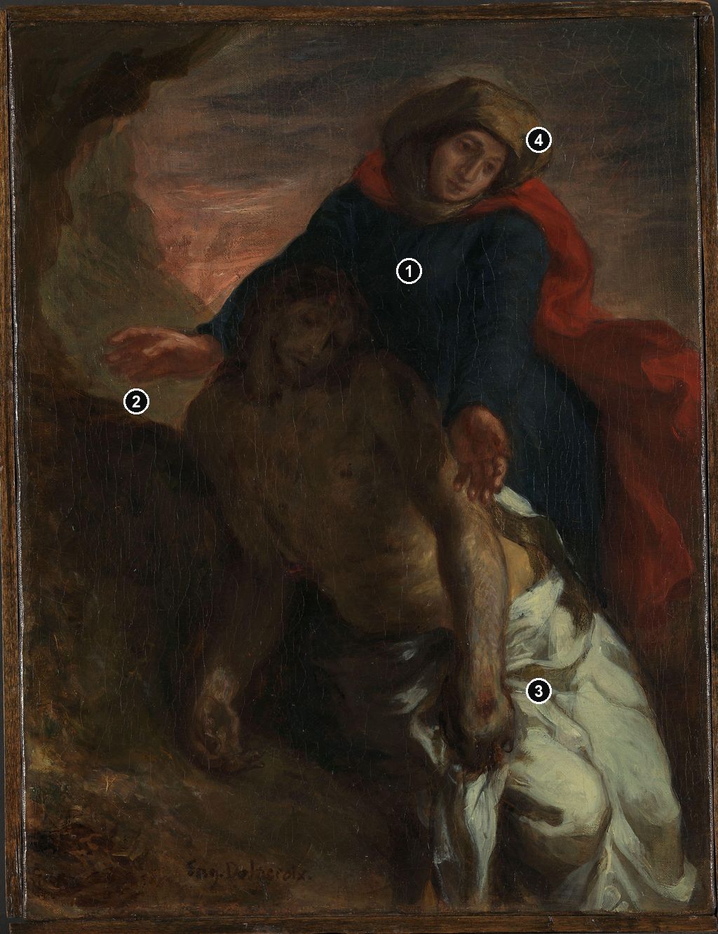 Annotated details from Pietà by Eugène Delacroix